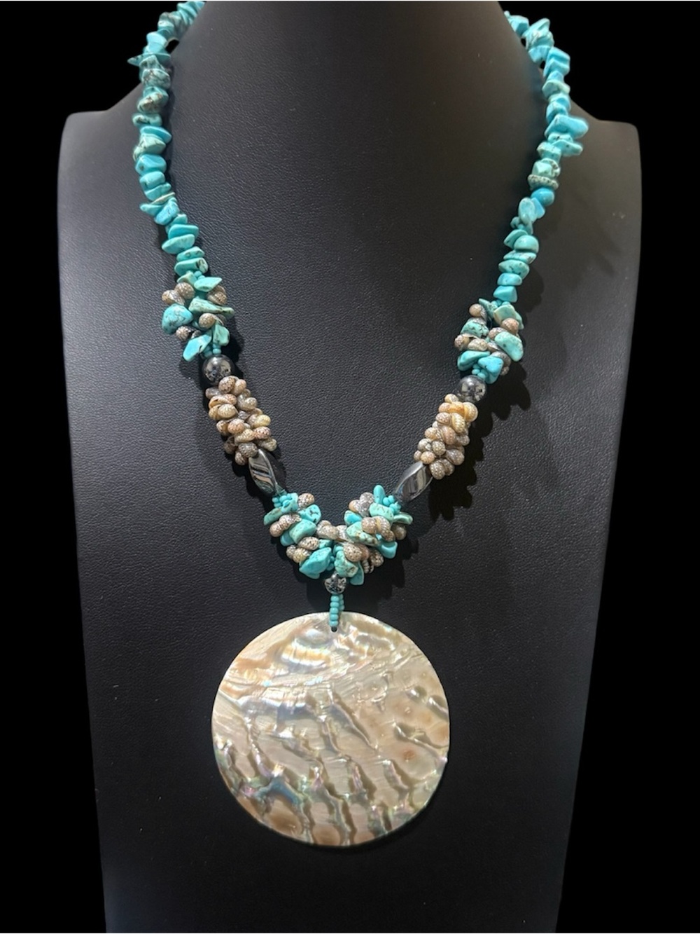 Artisan Natural Turquoise Shell Hematite Iridescent Abalone Shell Necklace